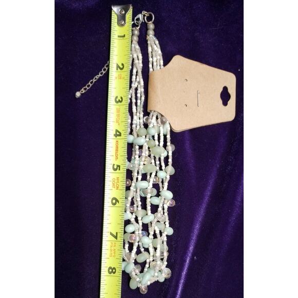 5 Layer Necklace Mint Green & Iridescent Clear Jellybean Shaped & Seed Beads - Picture 8 of 11